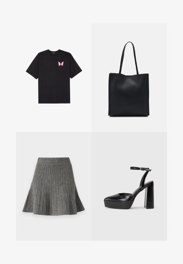 Musta puuvillapaita lyhyillä hihoilla, jossa on pieni vaaleanpunainen perhosgrafiikka vasemmassa rinnassa. Pyöreä kaula-aukko ja rento istuvuus.; Harmaa, laskostettu hame, joka on valmistettu pehmeästä materiaalista. Siinä on ribbimuotoinen vyötärö ja leveä muoto, mikä antaa teksturoitua ilmettä.; Mustat korkeat platform-kengät, joissa on terävä kärki ja säädettävä nilkkaremmi. Valmistettu sileästä nahasta ja varustettu paksulla lohkokorkeudella.; Mustapahkainen kangaskassi, jossa on sileä pinta, suorakaiteen muotoinen ja kaksi pitkää kahvaa. Ei näkyvää metalliosaa tai koristeita.