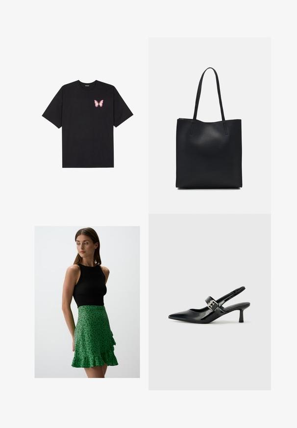 Schwarzes Baumwoll-T-Shirt mit kurzen Ärmeln, das ein kleines pinkes Schmetterlingsmotiv auf der linken Brust zeigt. Crewneck-Design mit einem entspannten Schnitt.; Jimmy Key FLORAL PATTERNED REGULAR - A-Linien-Rock - green; Schwarze Lackleder Slingback-Absätze mit spitzem Zeh und kleinem Blockabsatz, ausgestattet mit einem silbernen Schnallenakzent am Riemen.; Schwarze Laptoptasche aus Leder mit glatter Textur, rechteckiger Form und zwei langen Griffen. Keine sichtbaren Beschläge oder Verzierungen.