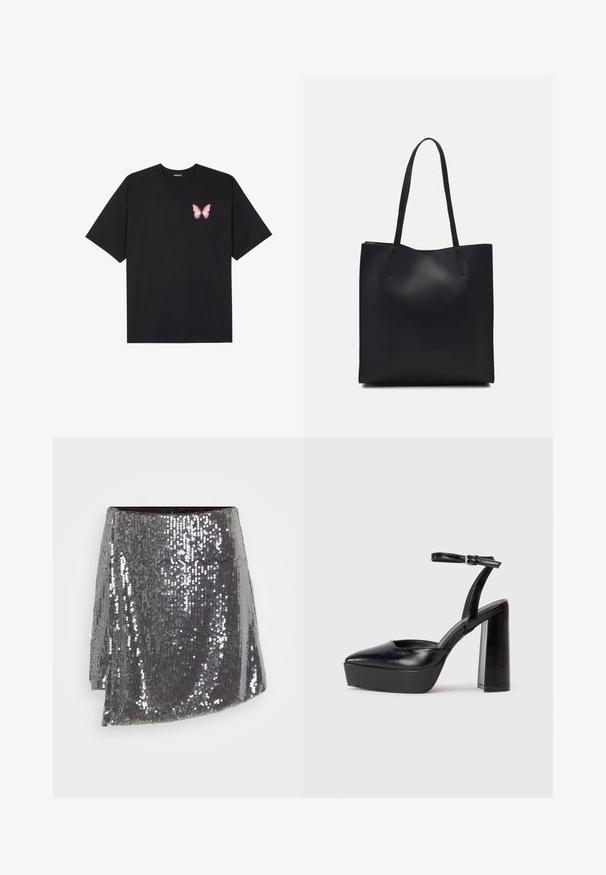 Camiseta de algodón negra de manga corta, con un pequeño gráfico de mariposa rosa en el lado izquierdo del pecho. Diseño de cuello redondo con un corte relajado.; Mini falda plateada con lentejuelas y diseño envolvente, que presenta una superficie texturizada y un dobladillo ligeramente asimétrico.; Zapatos de tacón negro con punta afilada y correa ajustable en el tobillo. Confeccionados en cuero suave, presentan un tacón grueso.; Bolso tote de cuero negro con textura lisa, forma rectangular y dos asas largas. Sin herrajes ni adornos visibles.