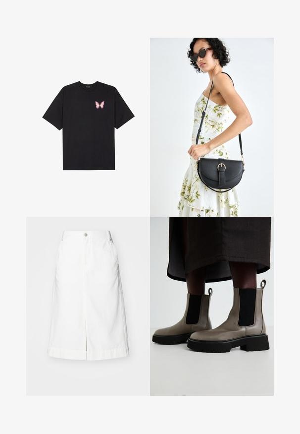 Black cotton t-shirt with short sleeves, featuring a small pink butterfly graphic on the left chest. Crew neck design with a relaxed fit.; White denim skirt with a straight cut, front slit, and single metal button closure at waistband. Includes side pockets and tailored hem.; Gray ankle boots made of textured leather with elastic side panels and a chunky black sole. Features pull tabs for easy wear.; Black leather handbag with a curved shape, detachable strap, and gold hardware. The bag features a flap with a buckle detail.