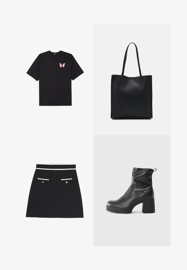 Melna kokvilnas T-krekls ar īsām piedurknēm, kuram priekšā kreisajā pusē ir neliels rozā tauriņa grafiskais attēls. Ar apaļu kaklu un brīvā stila piegriezumu.; Melna svārku ar baltu apgali jostasvietā un kabatās. Iezīmētas divas priekšējās kabatas ar zelta pogām. Gluda auduma tekstūra.; Melni potītes zābaki, kas izgatavoti no gludas ādas, ar sānu rāvējslēdzēju, masīvu strukturētu papēdi un noapaļotu purngalu.; Melnas ādas somiņa ar gludu tekstūru, taisnstūra formu un divām garām rokturiem. Nav redzamu aparatūras vai rotājumu.