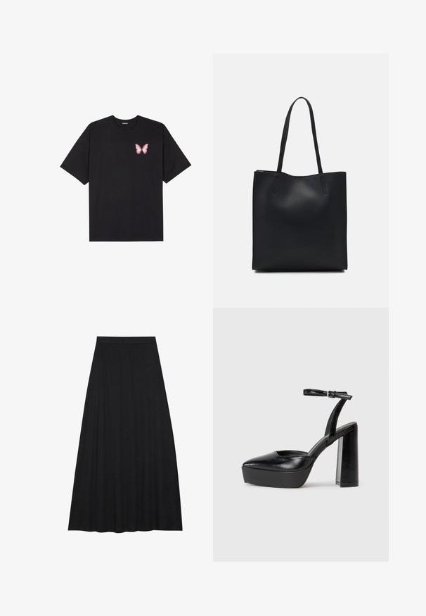 Čierne bavlnené tričko s krátkymi rukávmi, s malým ružovým motýlikom na ľavej hrudi. Design s okrúhlym výstrihom a uvoľneným strihom.; Čierna maxi sukňa vyrobená z jemnej, splývavej tkaniny. Má elastický pás a plný, áčkový strih s hladkou textúrou.; Čierne platformové podpätky so špicatou špičkou a nastaviteľným členkovým remienkom. Vyrobené z hladkej kože a so robustným blokovým podpätkom.; Čierna kožená taška na rameno s hladkým povrchom, obdĺžnikovým tvarom a dvoma dlhými uchami. Bez viditeľného kovania alebo ozdôb.