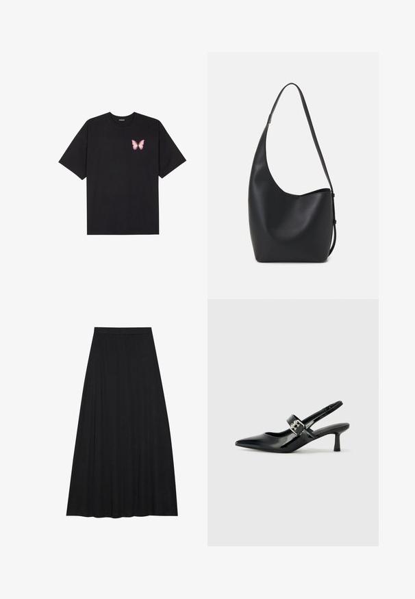 Fekete pamut póló rövid ujjakkal, bal mellkason egy kis rózsaszín pillangó grafikával. Kerek nyakú kialakítás, laza fazonnal.; Fekete maxi szoknya puha, folyékony anyagból. Rugalmas derékrésszel és teljes, A-vonalú siluettel rendelkezik, sima textúrával.; Fekete lakkbőr slingback sarkú cipők hegyes orral és kis blokk talppal, ezüst csat díszítéssel a pánton.; Fekete bőr hobo táska sima textúrával, ívelt formával és egyetlen állítható pánttal; széles nyílás található a tetején.