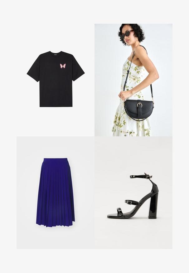 Musta puuvillapaita lyhyillä hihoilla, jossa on pieni vaaleanpunainen perhosgrafiikka vasemmassa rinnassa. Pyöreä kaula-aukko ja rento istuvuus.; Pleated hame in vivid blue, joka on varustettu leveällä vyötärönauhalla ja teksturoidulla kankaalla. Pituus ulottuu polven alapuolelle, esittäen tasaisen laskosmuotoilun.; Musta kiiltäväpintainen korkokengät, joissa on kaksi solkikiinnitystä, neliönmuotoinen kärki ja paksu korko, sileällä, kiiltävällä pintarakenteella.; Musta nahkainen käsilaukku, joka on kaareva muotoilultaan, irrotettavalla hihnalla ja kultaisilla yksityiskohdilla. Laukussa on läppä, jossa on solk yksityiskohta.