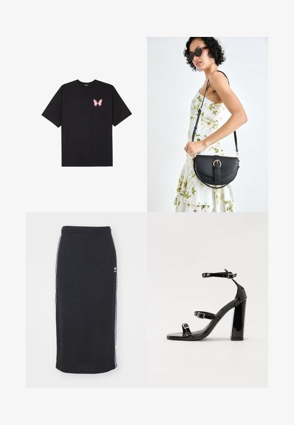 T-shirt de algodão preto com mangas curtas, apresentando um pequeno gráfico de borboleta rosa no lado esquerdo do peito. Design de gola redonda com um corte solto.; Saia midi preta em côtelé com riscas brancas laterais, cintura elástica e pequeno detalhe de logótipo. Textura suave, design casual e atlético.; Sandálias pretas de verniz com salto alto, duas fivelas, biqueira quadrada e salto largo, apresentando uma textura lisa e brilhante.; Bolsa de couro preta com forma curva, alça destacável e detalhes em dourado. A bolsa possui uma aba com detalhe de fivela.