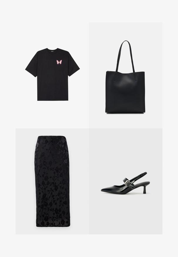 Svart bomulls T-skjorte med korte ermer, med en liten rosa sommerfugl grafikk på venstre bryst. Crew-neck design med en avslappet passform.; Even&Odd Blyantskjørt - black; Svarte patent lær slingback hæler med spiss tå og en liten blokkheel, med en sølvspenne som detalj på stroppen.; Svart lær tote bag med glatt tekstur, rektangulær form og to lange håndtak. Ingen synlige deler eller dekorasjoner.