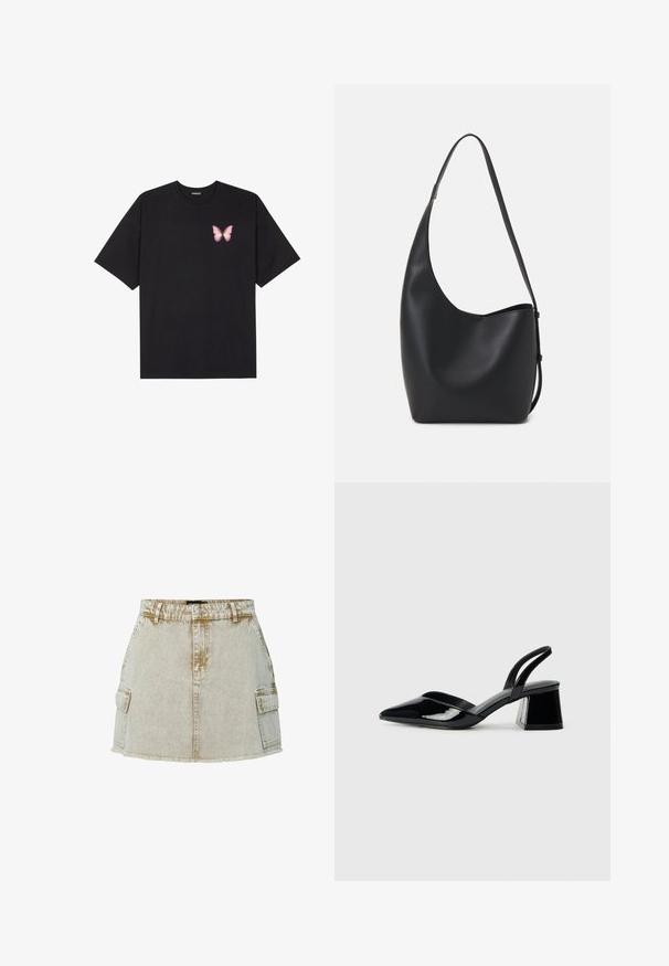 Black cotton t-shirt with short sleeves, featuring a small pink butterfly graphic on the left chest. Crew neck design with a relaxed fit.; Beige denim skirt with a frayed hem, two side pockets, and a classic button closure. The fabric has a slightly textured finish.; Black patent leather slingback heels with a pointed toe and a geometric block heel. Features a sleek, minimal design and smooth texture.; Black leather hobo bag with a smooth texture, curved shape, and single adjustable strap; features a wide opening at the top.