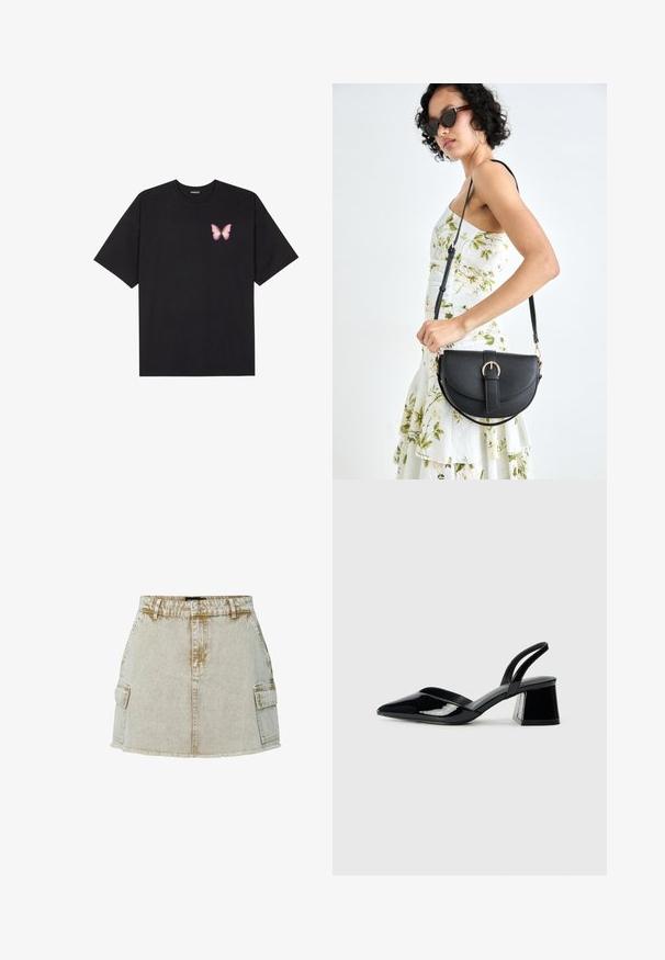 T-shirt en coton noir à manches courtes, avec un petit graphique de papillon rose sur la poitrine gauche. Modèle à col rond avec une coupe décontractée.; Jupe en denim beige avec un ourlet effiloché, deux poches latérales et une fermeture à boutons classique. Le tissu a une finition légèrement texturée.; Escarpins en cuir verni noir avec bout pointu et talon bloc géométrique. Présente un design élégant et minimaliste ainsi qu'une texture lisse.; Sac à main en cuir noir avec une forme courbée, bandoulière amovible et des accessoires en or. Le sac est doté d'un rabat avec un détail de boucle.