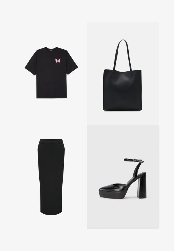 Must muströöpidega must puuvillane T-särk, vasakul rinnal on väike roosa liblikas. Ümar kaelus ja vabalt istuv lõige.; Must have, kõrge vöökoht, must pliiatsseelik. Valmistatud siledast kangast, otsejooneline siluett ja küljetaskud rafineeritud ilme loomiseks.; Mustad platvormi kontsad terava ninaga ja reguleeritava pahkluuraamiga. Valmistatud siledast nahast, funktsioneerib massiivse plokknäheeliga.; Mustast nahast kott sujuva tekstuuriga, ristkülikukujuline ja kahe pika sangaga. Pole nähtavat riistvara ega kaunistusi.