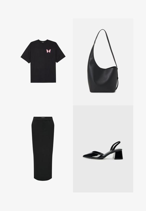 Melna kokvilnas T-krekls ar īsām piedurknēm, kuram priekšā kreisajā pusē ir neliels rozā tauriņa grafiskais attēls. Ar apaļu kaklu un brīvā stila piegriezumu.; Melnā, augsta vidukļa zīda svārki. Izgatavoti no gludas auduma, ar taisnu siluetu un sānu kabatām eleganta izskata iegūšanai.; Melna lakota āda ar atvērto papēdi, ar smailu purngalu un ģeometrisku blokpapēdi. Iezīmējas elegants, minimāls dizains un gluda tekstūra.; Melnas ādas hobo soma ar gludu tekstūru, izliekta forma un vienu regulējamu jostu; augšā ir plaša atvere.