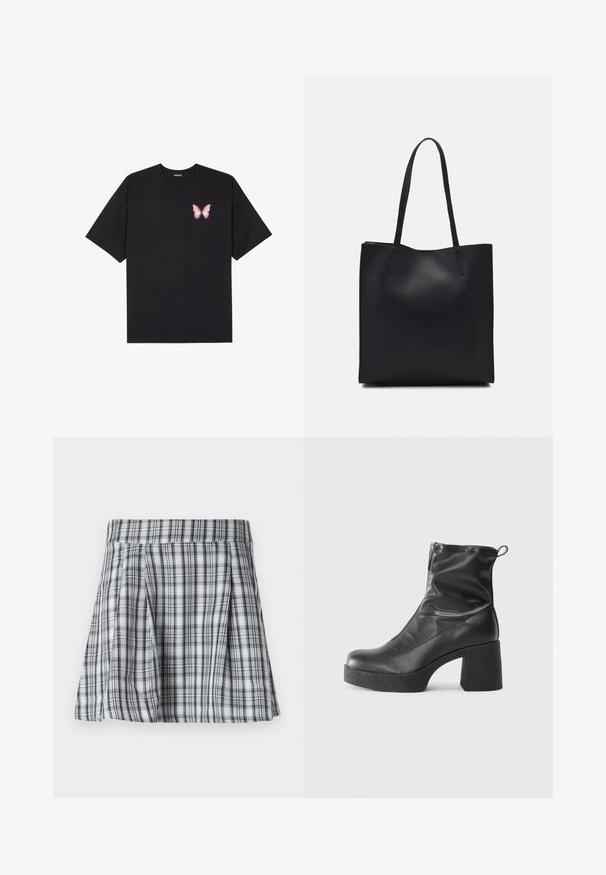 Juodas medvilnės marškinėliai trumpomis rankovėmis, su maža rožine drugelio grafika kairėje krūtinės pusėje. Apvalus kaklo iškirpimas, laisvas kirpimas.; Pilkos ir baltos spalvos mini sijonas su langeliais, su raukšlėmis ir juosmeniu. Pagamintas iš lengvos medžiagos, su vertikaliomis ir horizontaliomis juostelėmis.; Juodos kulkšninių botai, pagaminti iš lygaus odos, su šoniniu užtrauktuku, masyviu tekstūruotu kulnu ir apvaliu pirštu.; Juodas odinis tote krepšys su lygia tekstūra, stačiakampio formos ir dviem ilgais rankenomis. Matomų metalinių detalių ar puošybos nėra.