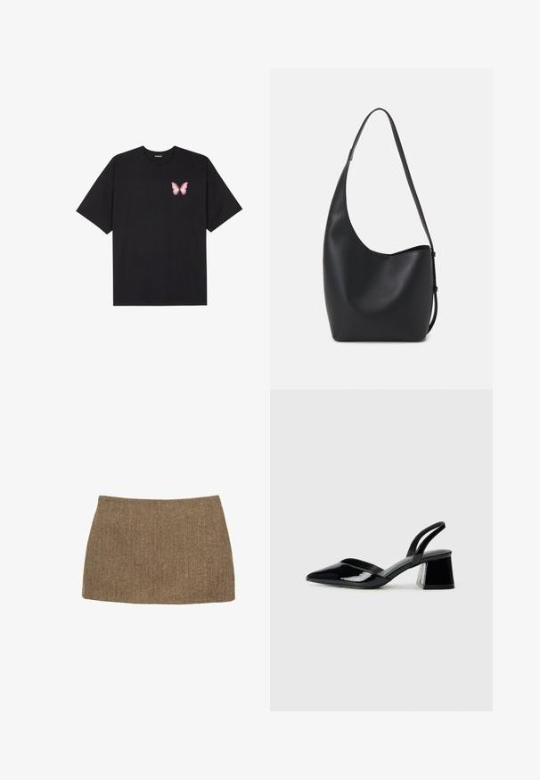 Schwarzes Baumwoll-T-Shirt mit kurzen Ärmeln, das ein kleines pinkes Schmetterlingsmotiv auf der linken Brust zeigt. Crewneck-Design mit einem entspannten Schnitt.; Brauner Minirock mit Fischgrätmuster, der eine gerade Schnittform und glatte Textur aufweist. Der Stoff wirkt gewebt und strukturiert. Keine sichtbaren Verschlüsse.; Schwarze Lackleder-Slingback-High Heels mit spitzem Schuh und einem geometrischen Blockabsatz. Verfügt über ein schlankes, minimalistisches Design und eine glatte Textur.; Schwarze Leder-Hobo-Tasche mit einer glatten Textur, geschwungener Form und einem einzelnen verstellbaren Tragegurt; verfügt über eine weite Öffnung am oberen Ende.