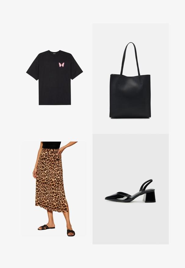 Must muströöpidega must puuvillane T-särk, vasakul rinnal on väike roosa liblikas. Ümar kaelus ja vabalt istuv lõige.; Friends Like These SPUN BIAS MIDI REGULAR FIT - A-lõikeline seelik - brown leopard; Mustad musta lakknahk kingad, millel on terav varvas ja geomeetriline plokkkonts. Omab elegantselt minimalistlikku disaini ja sujuvat tekstuuri.; Mustast nahast kott sujuva tekstuuriga, ristkülikukujuline ja kahe pika sangaga. Pole nähtavat riistvara ega kaunistusi.