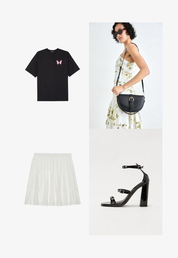 Sort bomulds T-shirt med korte ærmer, prydet med en lille pink sommerfugl grafik på venstre bryst. Rund hals design med en afslappet pasform.; Hvid, lagdelt nederdel med en tekstureret overflade. Har en elastisk talje og lagdelte flæser, der skaber en svajende silhuet.; Sorte laklædersandaler med høje hæle, to spænderemme, firkantet tå og en kraftig blokhæl, der har en glat, blank overflade.; Sort læderhåndtaske med en buet form, aftagelig rem og guldfinish. Tasken har en klap med en spænde detalje.