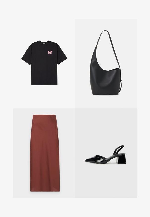 Juodas medvilnės marškinėliai trumpomis rankovėmis, su maža rožine drugelio grafika kairėje krūtinės pusėje. Apvalus kaklo iškirpimas, laisvas kirpimas.; Bordo spalvos, iki kelių siekianti sijonas, pagamintas iš lygaus audinio su tiesiu kirpimu ir subtiliu blizgesiu. Funkcijos aukštas liemuo ir nematomi užtrauktukai.; Juodos lakuotos odinės šlepetės su smailiu pirštu ir geometriniu bloko kulnu. Turi elegantišką, minimalistinį dizainą ir lygų paviršių.; Juodas odinis hobo maišas su lygiu paviršiumi, kreipta forma ir viena reguliuojama rankena; turi platų atidarymą viršuje.