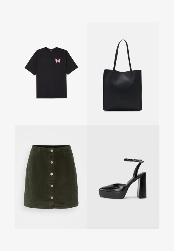 Black cotton t-shirt with short sleeves, featuring a small pink butterfly graphic on the left chest. Crew neck design with a relaxed fit.; Vero Moda Petite VMETTA SHORT SKATER - A-line skirt - forest night; Black platform heels with a pointed toe and adjustable ankle strap. Constructed from smooth leather, featuring a chunky block heel.; Black leather tote bag with smooth texture, rectangular shape, and two long handles. No visible hardware or embellishments.