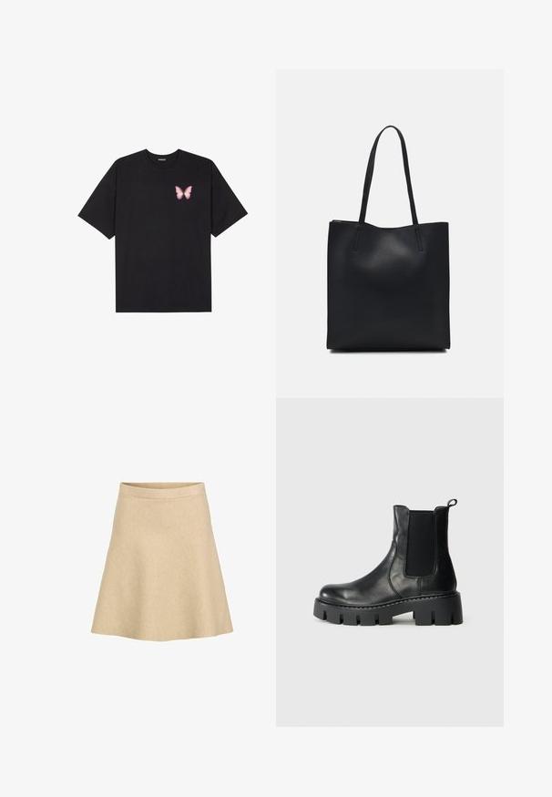 Must muströöpidega must puuvillane T-särk, vasakul rinnal on väike roosa liblikas. Ümar kaelus ja vabalt istuv lõige.; Beeži flared seelik, mis on valmistatud tekstuuriga kangast, kõrge vöökohaga ja sileda äärega, kujundatud lihtsa ja puhta silueti saavutamiseks.; Must mustaankelisaapad elastsete külgpaneelidega, paksu musta tallaga ja tõmbenööriga helesinise taustaga, külgvaates.; Mustast nahast kott sujuva tekstuuriga, ristkülikukujuline ja kahe pika sangaga. Pole nähtavat riistvara ega kaunistusi.