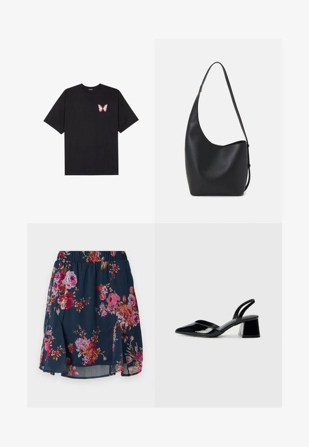 Fekete pamut póló rövid ujjakkal, bal mellkason egy kis rózsaszín pillangó grafikával. Kerek nyakú kialakítás, laza fazonnal.; Navy színű anyagú virágmintás szoknya pink, vörös és narancs virágokkal. Rugalmas derékrésszel és harang alakú dizájnnal rendelkezik, oldalsó részekkel.; Fekete lakk bőr szandálkés magas sarkú cipő, hegyes orral és geometrikus tömbsarkakkal. Karcsú, minimalista dizájn és sima textúra jellemzi.; Fekete bőr hobo táska sima textúrával, ívelt formával és egyetlen állítható pánttal; széles nyílás található a tetején.