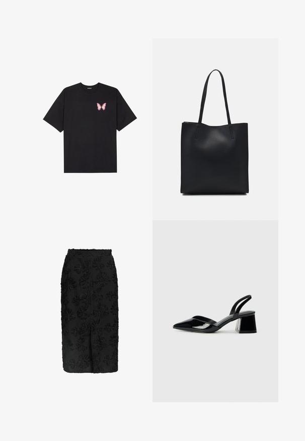 T-shirt en coton noir à manches courtes, avec un petit graphique de papillon rose sur la poitrine gauche. Modèle à col rond avec une coupe décontractée.; Jupe noire longueur genou avec des motifs d'appliqué floral texturés et une taille ajustée.; Escarpins en cuir verni noir avec bout pointu et talon bloc géométrique. Présente un design élégant et minimaliste ainsi qu'une texture lisse.; Sac fourre-tout en cuir noir avec une texture lisse, de forme rectangulaire et deux longues poignées. Pas de matériel ou d'ornementations visibles.