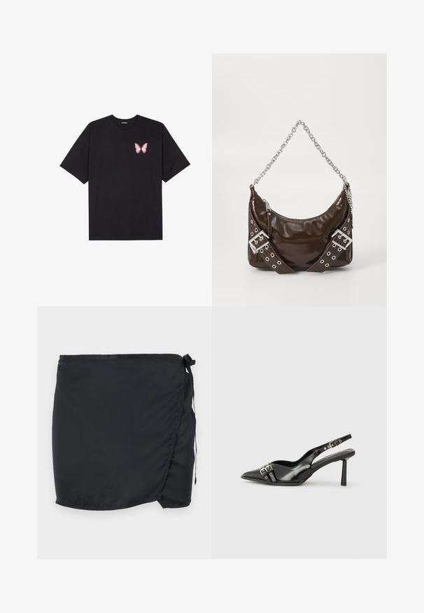 T-shirt en coton noir à manches courtes, avec un petit graphique de papillon rose sur la poitrine gauche. Modèle à col rond avec une coupe décontractée.; Jupe de bain noire avec un design enroulé, fabriquée en tissu léger. Équipée d'une fermeture à nouer sur le côté et d'une texture lisse.; Chaussure slingback en cuir verni noir avec un embout pointu, des brides de cheville avec des boucles en argent et des éléments en métal, et un talon fin.; Sac à main en cuir verni marron foncé avec une bandoulière en chaîne argentée, des ceintures décoratives à double boucle et une fermeture éclair.