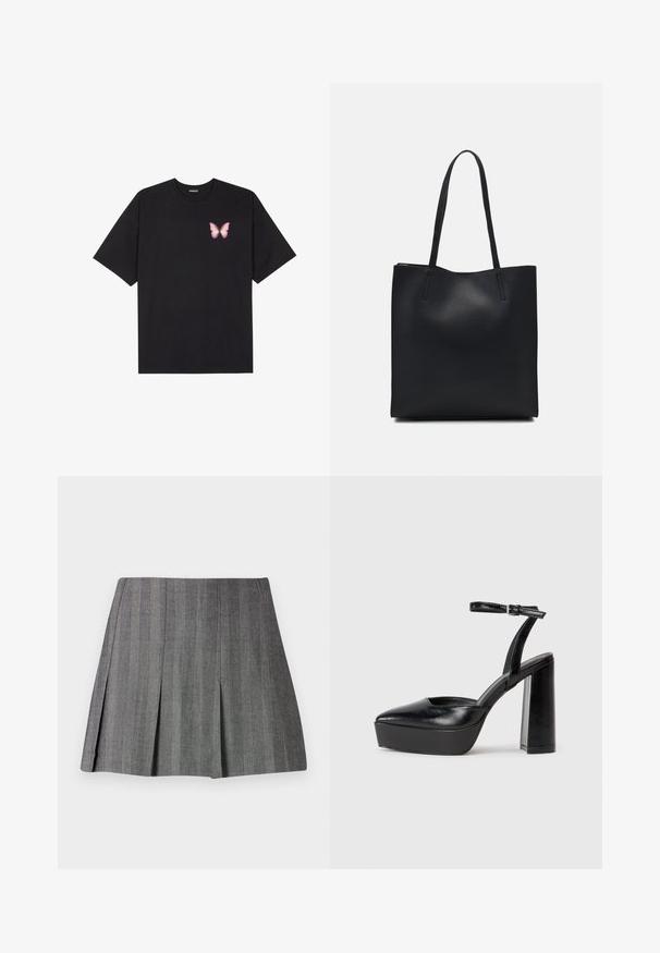 Tricou negru din bumbac cu mâneci scurte, având pe partea stângă a pieptului un mic grafic cu un fluture roz. Design cu guler rotund și croială lejeră.; Fustă plisată gri dintr-un material texturat cu dungi verticale, având talie ajustată și siluetă în formă de A.; Pantofi cu toc platformă negri, cu vârful ascuțit și curea reglabilă la gleznă. Confecționați din piele netedă, având un toc gros.; Geantă tote neagră din piele, cu textură netedă, formă rectangulară și două mânere lungi. Fără hardware vizibil sau ornamente.