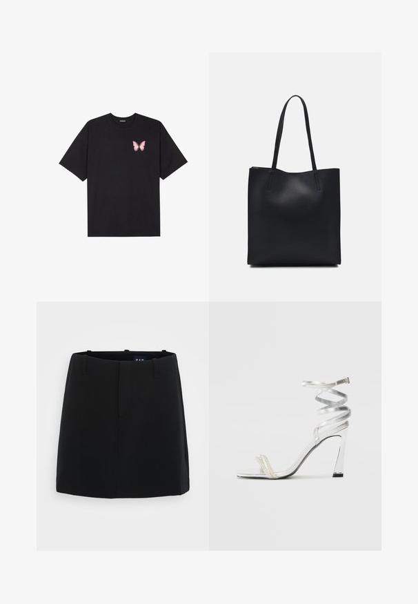 Musta puuvillapaita lyhyillä hihoilla, jossa on pieni vaaleanpunainen perhosgrafiikka vasemmassa rinnassa. Pyöreä kaula-aukko ja rento istuvuus.; Musta hame, jossa on sileä kankaan rakenne, minimalistinen muotoilu, kaksi etutaskua ja puoliväli-reisi pituus. Sisältää vyölenkit vyötäröllä.; Hopea korkeakorkoinen sandaali, jossa on kiiltävä remmimuotoilu, helmiäisen kaltainen korostus ja kieputettu nilkkaremmi turvallista istuvuutta varten.; Mustapahkainen kangaskassi, jossa on sileä pinta, suorakaiteen muotoinen ja kaksi pitkää kahvaa. Ei näkyvää metalliosaa tai koristeita.