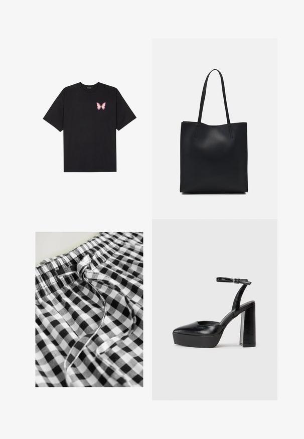 Črna bombažna majica s kratkimi rokavi, ki ima majhen roza metuljček na levi strani prsnega dela. Majica s krožnim ovratnikom in sproščenim krojem.; Next DROP WAIST - Dolgo krilo - black white gingham; Črne platforme z visokimi petami in koničastim nosom ter nastavljivim gležnjenjskim trakom. Narejene iz gladke usnje, s kockasto peto.; Črna usnjena torba s svilnato teksturo, pravokotne oblike in dvema dolgima ročajema. Brez vidnih metalnih delov ali okrasnih elementov.