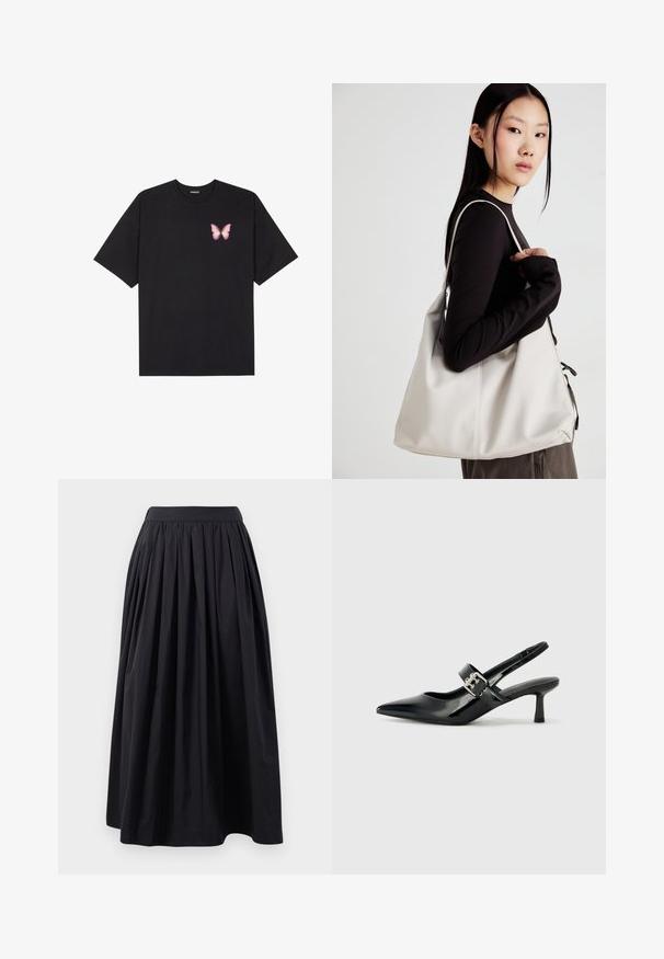 Schwarzes Baumwoll-T-Shirt mit kurzen Ärmeln, das ein kleines pinkes Schmetterlingsmotiv auf der linken Brust zeigt. Crewneck-Design mit einem entspannten Schnitt.; Schwarzer, knielanger Rock aus leichtem Stoff mit einem breiten, gerafften Bund und plissiertem Design, das eine volle Silhouette erzeugt.; Schwarze Lackleder Slingback-Absätze mit spitzem Zeh und kleinem Blockabsatz, ausgestattet mit einem silbernen Schnallenakzent am Riemen.; Beige Handtasche aus weichem Material, mit einem lässigen Design, gesteppten Details und zwei Schulterriemen. Geeignet für den täglichen Gebrauch.