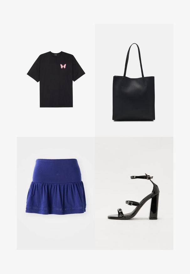 Črna bombažna majica s kratkimi rokavi, ki ima majhen roza metuljček na levi strani prsnega dela. Majica s krožnim ovratnikom in sproščenim krojem.; Mornarsko modra jersija krilo z nabranim dnom, elastičnim pasom in okrasnim vezenim ob robu. Mehka, lahka tkanina.; Črne lakaste sandale z visokimi petami, z dvema trakovoma z zaponkama, kvadratnim sprednjim delom in masivno širšo peto, z gladko, sijočo teksturo.; Črna usnjena torba s svilnato teksturo, pravokotne oblike in dvema dolgima ročajema. Brez vidnih metalnih delov ali okrasnih elementov.