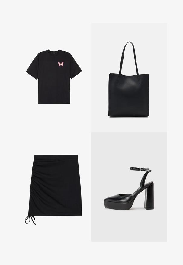 Juodas medvilnės marškinėliai trumpomis rankovėmis, su maža rožine drugelio grafika kairėje krūtinės pusėje. Apvalus kaklo iškirpimas, laisvas kirpimas.; Juodas mini sijonas, pagamintas iš minkštos medžiagos, su šoninėmis raukšlėmis ir raišteliais apatine dalimi. Lygus paviršius su prigludusia siluetu.; Juodi platforminiai aukšti kulniukai su smailiu kojų pirštu ir reguliuojamu kulkšnies dirželiu. Pagaminti iš lygaus odos, turi masyvų blokinį kulną.; Juodas odinis tote krepšys su lygia tekstūra, stačiakampio formos ir dviem ilgais rankenomis. Matomų metalinių detalių ar puošybos nėra.