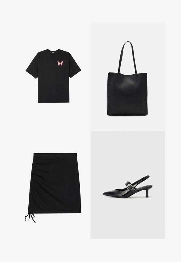 Musta puuvillapaita lyhyillä hihoilla, jossa on pieni vaaleanpunainen perhosgrafiikka vasemmassa rinnassa. Pyöreä kaula-aukko ja rento istuvuus.; Mustat minimekko, joka on valmistettu pehmeästä kankaasta, ja jossa on sivušaaleja sekä narut helmassa. Sujuva rakenne ja tiivis siluetti.; Musta patenttinaahkakengät, joissa on osoittava kärki ja pieni lohko korko, varustettuna hopeisella soljella hihnassa.; Mustapahkainen kangaskassi, jossa on sileä pinta, suorakaiteen muotoinen ja kaksi pitkää kahvaa. Ei näkyvää metalliosaa tai koristeita.