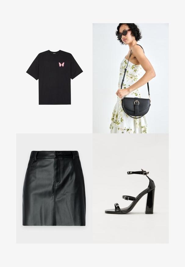 Črna bombažna majica s kratkimi rokavi, ki ima majhen roza metuljček na levi strani prsnega dela. Majica s krožnim ovratnikom in sproščenim krojem.; Črna usnjena mini krila z gladko teksturo, pasom s gumbom in sprednjimi žepi z všitimi detajli.; Črne lakirane sandale s peto, kvadratnim prstom, trakovi okrog gležnja in srebrnimi zaponkami. Opremljene so s stabilno Debelo peto.; Črna usnjena torbica s ukrivljeno obliko, z odstranljivo naramnico in zlatimi dodatki. Torbica ima pokrov s podrobnostmi v obliki zaponke.; Srebrni uhani v obliki srca vsebujejo fasetirane prosojne kamne ter teksturiran okvir. Komplet vključuje stenske in viseče sloge.