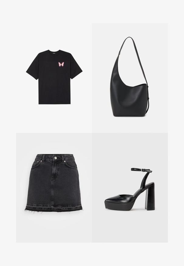 Musta puuvillapaita lyhyillä hihoilla, jossa on pieni vaaleanpunainen perhosgrafiikka vasemmassa rinnassa. Pyöreä kaula-aukko ja rento istuvuus.; Musta farkku minihame suoran siluetin kanssa, jossa on etutaskut, metallinappikiinnitys ja repaleinen helma.; Mustat korkeat platform-kengät, joissa on terävä kärki ja säädettävä nilkkaremmi. Valmistettu sileästä nahasta ja varustettu paksulla lohkokorkeudella.; Musta nahkainen hobo-laukku, jossa on sileä pinta, kaareva muoto ja yksi säädettävä olkahihna; sisäänkäynti on leveä ylhäältä.