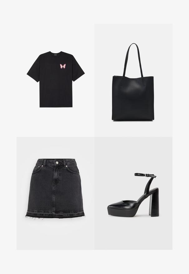 Schwarzes Baumwoll-T-Shirt mit kurzen Ärmeln, das ein kleines pinkes Schmetterlingsmotiv auf der linken Brust zeigt. Crewneck-Design mit einem entspannten Schnitt.; Schwarze Denim-Minirock mit gerader Silhouette, vorderen Taschen, Metallknopfverschluss und fransigem Saumdetail.; Schwarze Plateau-High Heels mit spitzem Zeh und verstellbarem Knöchelriemen. Gefertigt aus glattem Leder und mit einem klobigen Blockabsatz.; Schwarze Laptoptasche aus Leder mit glatter Textur, rechteckiger Form und zwei langen Griffen. Keine sichtbaren Beschläge oder Verzierungen.