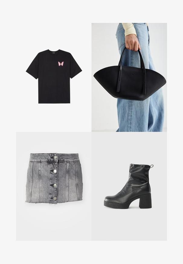 T-shirt de algodão preto com mangas curtas, apresentando um pequeno gráfico de borboleta rosa no lado esquerdo do peito. Design de gola redonda com um corte solto.; Saia de ganga cinza com cintura alta, cinco botões prateados, costura vertical e bainha desfiada. Apresenta uma silhueta ajustada e uma textura suave.; Botas de tornozelo pretas feitas de couro liso, com fecho lateral, salto grosso texturizado e design de bico arredondado.; Bolsa de mão em couro preto com uma forma única em leque, apresentando alças planas. A superfície tem uma textura pebble e um design minimalista.