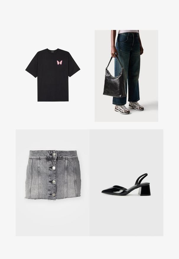 Černé bavlněné tričko s krátkým rukávem, na levém prsou s malou grafikou růžové motýlky. Design s kruhovým výstřihem a volným střihem.; Šedá denimová sukně s vysokým pasem, pěti stříbrnými knoflíky, vertikálním švem a surovým lemem. Má přiléhavý střih a jemnou texturu.; Černé lakované kožené lodičky na pásku s špičatou špičkou a geometrickým blokovým podpatkem. Vyznačují se elegantním, minimalistickým designem a hladkým povrchem.; Černá kožená kabelka přes rameno se hladkým povrchem a nastavitelným popruhem, spárovaná s vybledlými džínami širokého střihu a sportovními teniskami.