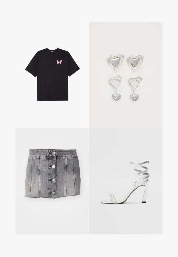 Black cotton t-shirt with short sleeves, featuring a small pink butterfly graphic on the left chest. Crew neck design with a relaxed fit.; Gray denim skirt with a high waist, five silver buttons, vertical stitching, and raw hem. Has a fitted silhouette and a soft texture.; Silver high-heeled sandal with a shiny strap design, featuring a pearl-like accent and a spiraled ankle strap for secure fit.; Silver heart-shaped earrings feature faceted clear stones, with a textured frame. The set includes stud and drop styles.