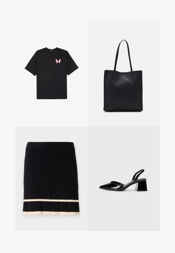 T-shirt en coton noir à manches courtes, avec un petit graphique de papillon rose sur la poitrine gauche. Modèle à col rond avec une coupe décontractée.; Jupe noire en tricot avec des côtes verticales, présentant une bande crémeuse contrastante au bas de l'ourlet. Taille élastique. Design classique.; Escarpins en cuir verni noir avec bout pointu et talon bloc géométrique. Présente un design élégant et minimaliste ainsi qu'une texture lisse.; Sac fourre-tout en cuir noir avec une texture lisse, de forme rectangulaire et deux longues poignées. Pas de matériel ou d'ornementations visibles.