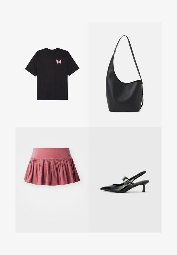 Svart bomulls T-skjorte med korte ermer, med en liten rosa sommerfugl grafikk på venstre bryst. Crew-neck design med en avslappet passform.; Rosa bomullsskjørt med elastisk linning, featuring gathered detaljer og en utsvingt form. Glatt tekstur, kne-lengde design.; Svarte patent lær slingback hæler med spiss tå og en liten blokkheel, med en sølvspenne som detalj på stroppen.; Svart lær hobo-veske med glatt tekstur, buet form og enkelt justerbart stropp; har en bred åpning på toppen.