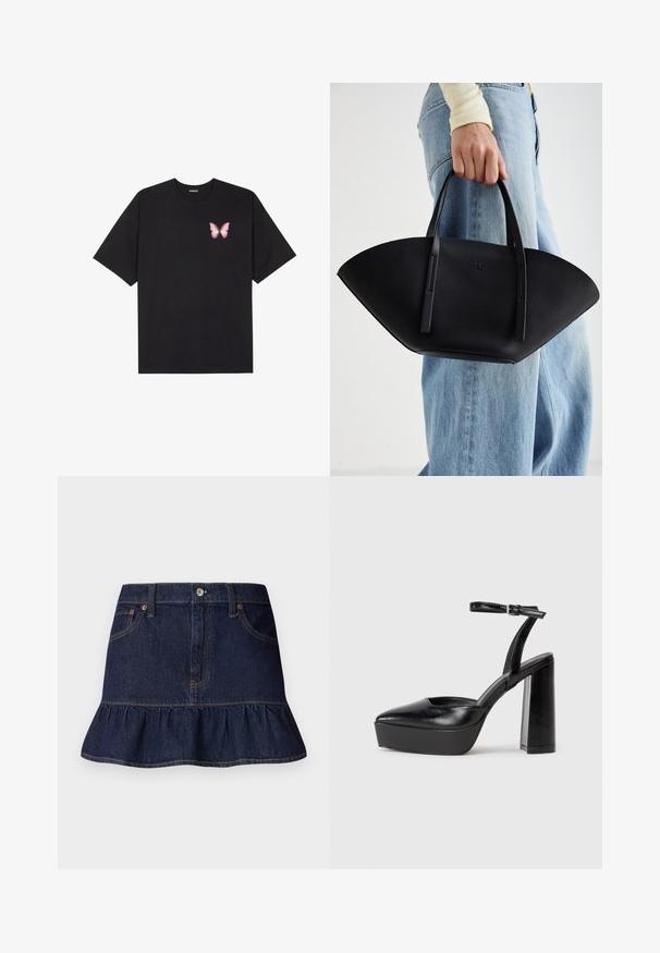 T-shirt en coton noir à manches courtes, avec un petit graphique de papillon rose sur la poitrine gauche. Modèle à col rond avec une coupe décontractée.; Jupe en denim foncé avec ourlet volanté, design à cinq poches, passants de ceinture et fermeture à boutons à l'avant. Texture lisse et coupe droite.; Escarpins noirs à plateforme avec un bout pointu et une sangle réglable à la cheville. Conçus en cuir lisse, avec un large talon bloc.; Sac à main en cuir noir avec une forme de éventail unique, doté de poignées plates. La surface présente une texture granuleuse et un design minimaliste.