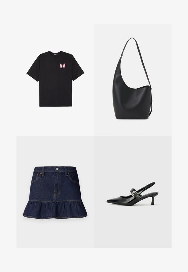 Sort bomulds T-shirt med korte ærmer, prydet med en lille pink sommerfugl grafik på venstre bryst. Rund hals design med en afslappet pasform.; Mørk denimnederdel med volangkant, femlommesdesign, bæltestropper og lukning med knap foran. Glat tekstur og lige snit.; Sorte laker slingback hæle med spids tå og en lille blokhæl, med en sølvspændeaccent på remmen.; Sort læder hobo taske med en glat overflade, buet form og en enkelt justerbar rem; har en bred åbning øverst.