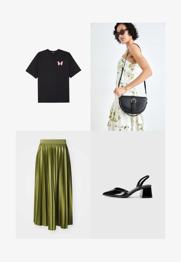 Fekete pamut póló rövid ujjakkal, bal mellkason egy kis rózsaszín pillangó grafikával. Kerek nyakú kialakítás, laza fazonnal.; Zöld olíva színű, pliszírozott midi szoknya, széles gumis derékrésszel és áramló szilhuettel, függőleges pliszékkel.; Fekete lakk bőr szandálkés magas sarkú cipő, hegyes orral és geometrikus tömbsarkakkal. Karcsú, minimalista dizájn és sima textúra jellemzi.; Fekete bőrtáska ívelt formával, levehető pánttal és arany színű fémrészekkel. A táskán egy csattal díszített fedél található.