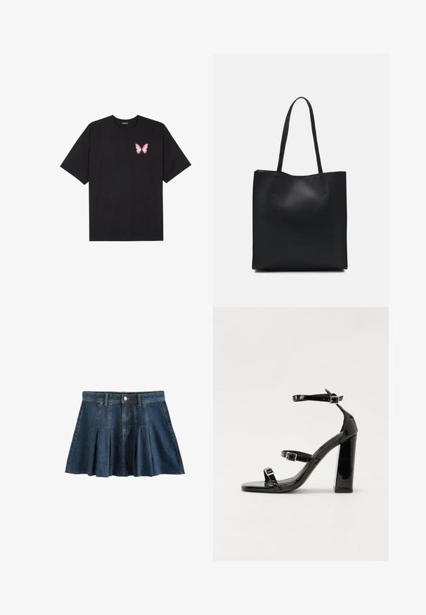 T-shirt en coton noir à manches courtes, avec un petit graphique de papillon rose sur la poitrine gauche. Modèle à col rond avec une coupe décontractée.; Next REGULAR FIT - Minijupe - dark blue; Sandales à talons hauts en cuir verni noir avec deux brides à boucles, bout carré et talon bloc épais, présentant une texture lisse et brillante.; Sac fourre-tout en cuir noir avec une texture lisse, de forme rectangulaire et deux longues poignées. Pas de matériel ou d'ornementations visibles.