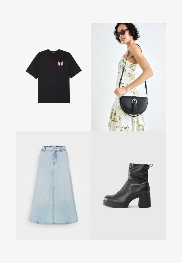 Fekete pamut póló rövid ujjakkal, bal mellkason egy kis rózsaszín pillangó grafikával. Kerek nyakú kialakítás, laza fazonnal.; Egy világoskék farmer midi szoknya, amelynek harangformája van, derékrésze övbújtatókkal, és látható varrás a varratokon.; Fekete bokacsizmák sima bőrből, oldalsó cipzárral, vastag, texturált sarkú és lekerekített orrú dizájnnal.; Fekete bőrtáska ívelt formával, levehető pánttal és arany színű fémrészekkel. A táskán egy csattal díszített fedél található.