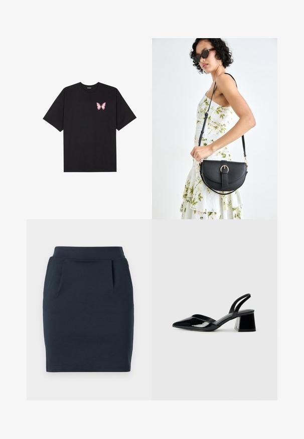 Schwarzes Baumwoll-T-Shirt mit kurzen Ärmeln, das ein kleines pinkes Schmetterlingsmotiv auf der linken Brust zeigt. Crewneck-Design mit einem entspannten Schnitt.; Marineblauer Stretch-Jersey-Rock mit figurbetontem Schnitt, ausgestattet mit einem glatten Taillenbund und zwei Fronttaschen.; Schwarze Lackleder-Slingback-High Heels mit spitzem Schuh und einem geometrischen Blockabsatz. Verfügt über ein schlankes, minimalistisches Design und eine glatte Textur.; Schwarze Lederhandtasche mit geschwungener Form, abnehmbarem Tragegurt und goldenen Beschlägen. Die Tasche verfügt über einen Deckel mit einer Schnallen-Details.