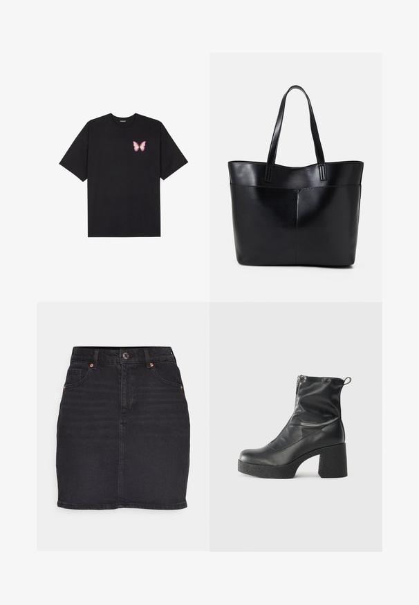 T-shirt de algodão preto com mangas curtas, apresentando um pequeno gráfico de borboleta rosa no lado esquerdo do peito. Design de gola redonda com um corte solto.; Saia de ganga preta com corte reto, fecho de um botão, passantes para cinto e bolsos frontais. Apresenta desvanecimento subtil e ferragens em tom cobre.; Botas de tornozelo pretas feitas de couro liso, com fecho lateral, salto grosso texturizado e design de bico arredondado.; Bolsa tote preta em couro com duas alças longas, textura suave e forma estruturada. Apresenta um bolso frontal para armazenamento adicional.