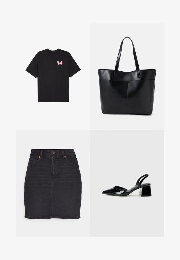 T-shirt de algodão preto com mangas curtas, apresentando um pequeno gráfico de borboleta rosa no lado esquerdo do peito. Design de gola redonda com um corte solto.; Saia de ganga preta com corte reto, fecho de um botão, passantes para cinto e bolsos frontais. Apresenta desvanecimento subtil e ferragens em tom cobre.; Sandy em verniz preto com salto slingback, ponta afilada e salto geométrico. Apresenta um design elegante e minimalista com textura suave.; Bolsa tote preta em couro com duas alças longas, textura suave e forma estruturada. Apresenta um bolso frontal para armazenamento adicional.