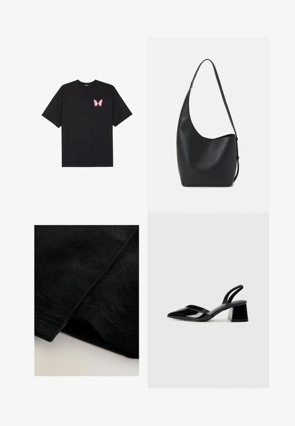 T-shirt en coton noir à manches courtes, avec un petit graphique de papillon rose sur la poitrine gauche. Modèle à col rond avec une coupe décontractée.; Tissu en velours côtelé noir avec une surface douce et texturée, présentant des côtes visibles et des bords ourlés soigneusement.; Escarpins en cuir verni noir avec bout pointu et talon bloc géométrique. Présente un design élégant et minimaliste ainsi qu'une texture lisse.; Sac hobo en cuir noir avec une texture lisse, une forme incurvée et une seule sangle réglable ; dispose d'une large ouverture en haut.