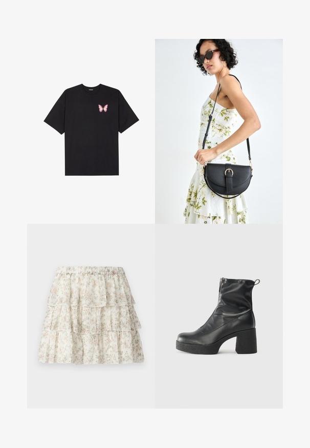 Crna pamučna majica s kratkim rukavima, s malim grafičkim prikazom ružičaste vjetricaste s desne strane na prsima. Dizajn s okruglim izrezom i opuštenim krojem.; Bijela suknja s višeslojnim, naboranim dizajnom. Ima delikatan cvjetni uzorak u ružičastoj i zelenoj boji. Elastična linija struka za udobnost.; Crne gležnjače od glatke kože, s bočnim zatvaračem, debelim teksturiranim potplatom i dizajnom s zaobljenim prstima.; Crna kožna torba s lukovitim oblikom, odvojivim remenom i zlatnim detaljima. Torba ima preklop s kopčom.