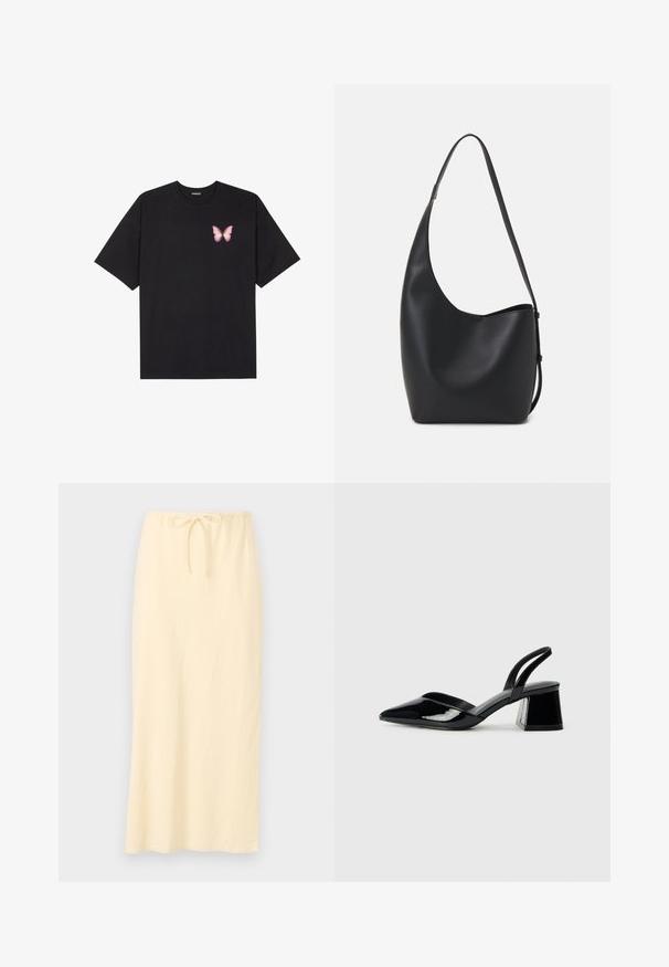 Black cotton t-shirt with short sleeves, featuring a small pink butterfly graphic on the left chest. Crew neck design with a relaxed fit.; Light yellow, long skirt with a breathable fabric, and an elastic waistband featuring a drawstring for adjustable fit. Smooth texture, no patterns.; Black patent leather slingback heels with a pointed toe and a geometric block heel. Features a sleek, minimal design and smooth texture.; Black leather hobo bag with a smooth texture, curved shape, and single adjustable strap; features a wide opening at the top.